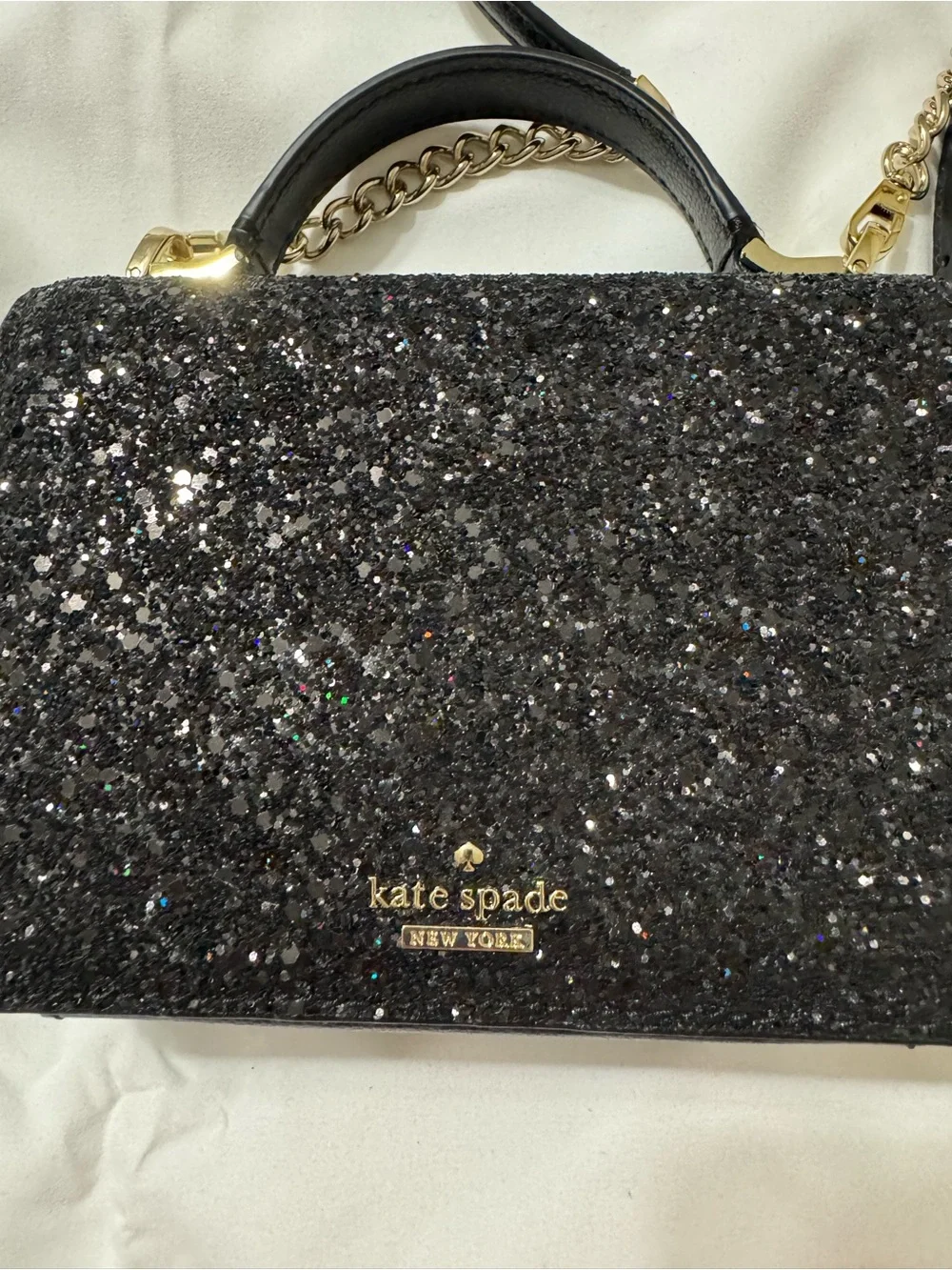 Kate Spade New York Black Glitter Crossbody Satchel Bag Gold Chain Strap - Picture 1 of 5